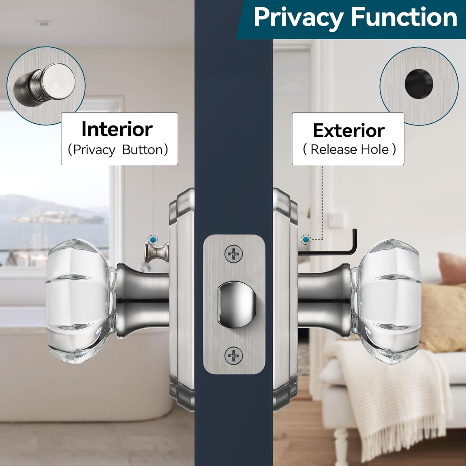 Crystal Door Knobs, 3 Pack Glass Door Knobs with Lock for Privacy Use, Satin Nickel Crystal Doorknobs Interior for Bedroom Bathroom, Modern Octagon Glass Doorknob