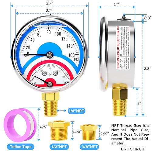 Miniatura 2 de MEANLIN MEASURE Manómetro térmico de acero inoxidable de 0-160 psi, 30-250  14 de pulgada, NPT de 2.5 pulgadas, con esfera de cara de 2.5 pulgadas,