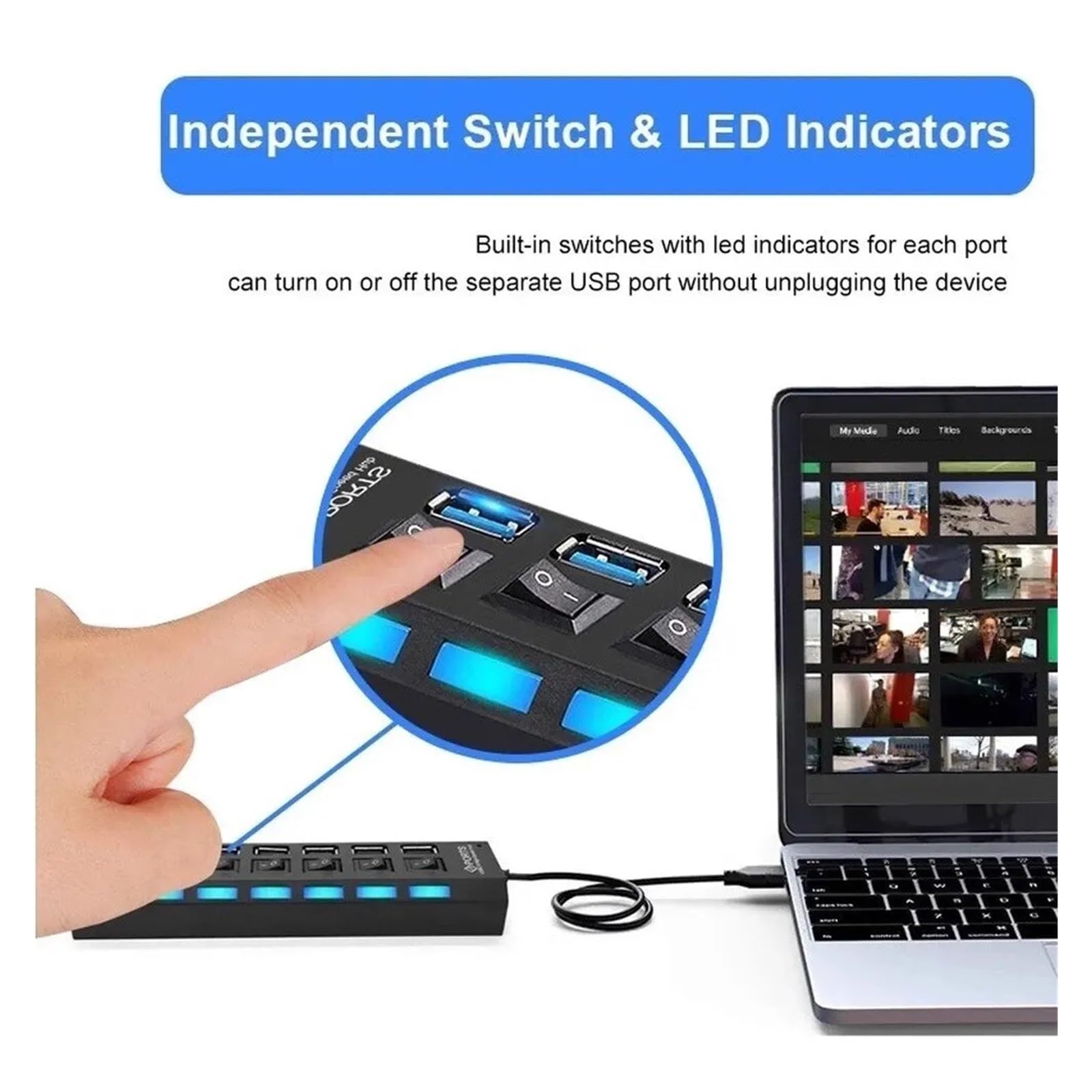 Hub USB 7-portowy Rozdzielacz Wielu Zasilacz Wielokrotny Ekspander Z Włącznikiem I Wyłącznikiem Do Laptopa PC Technologia Szybkiego Bezpiecznego ładowania(WHITE)