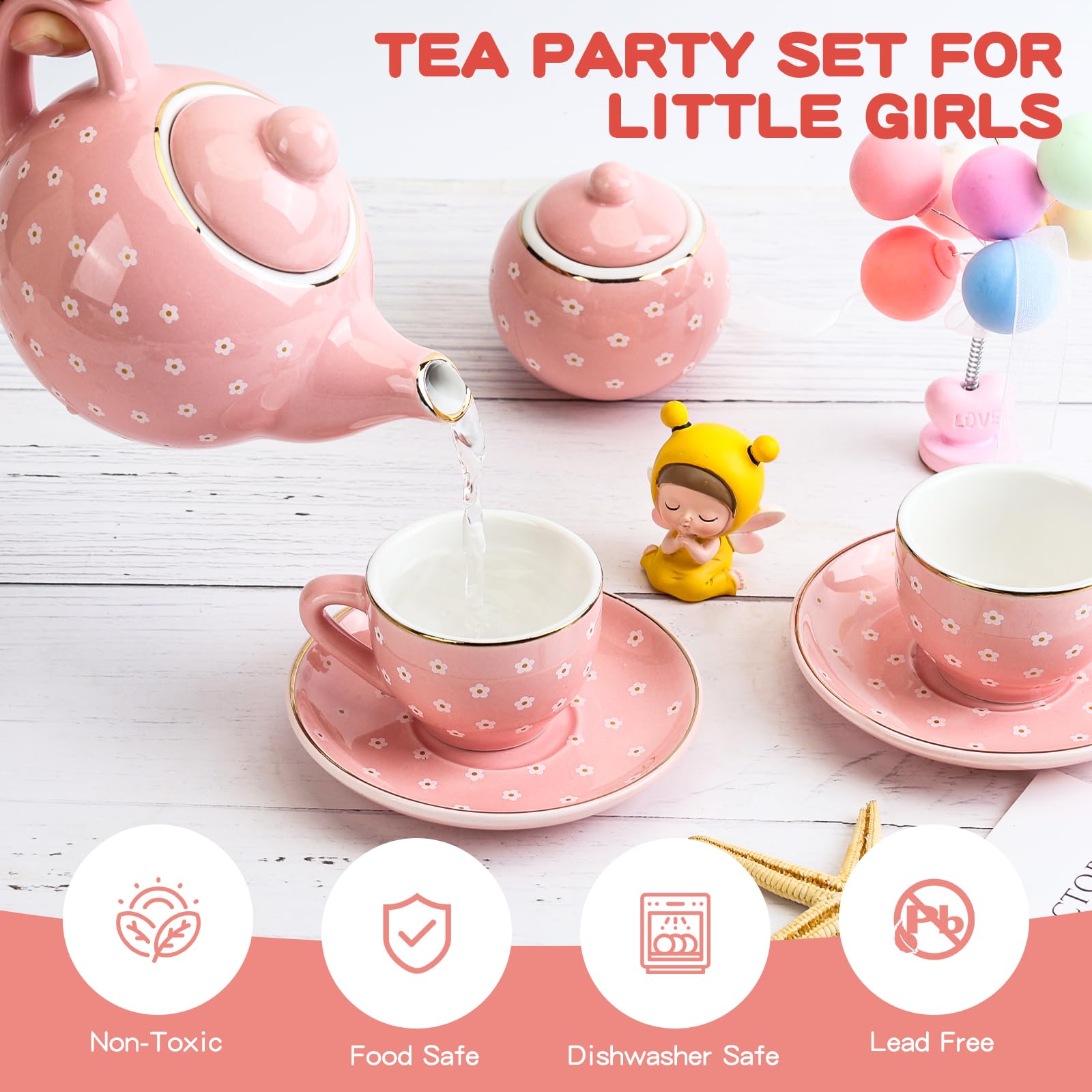 CHENP.HMC Tea Party Set for Little Girls, 13 Piece Sets Kids Tin Tea Party with Cups, Saucers, Plates & Serving Trays, Girls Birthday Gift (Pastel Polka Dots)