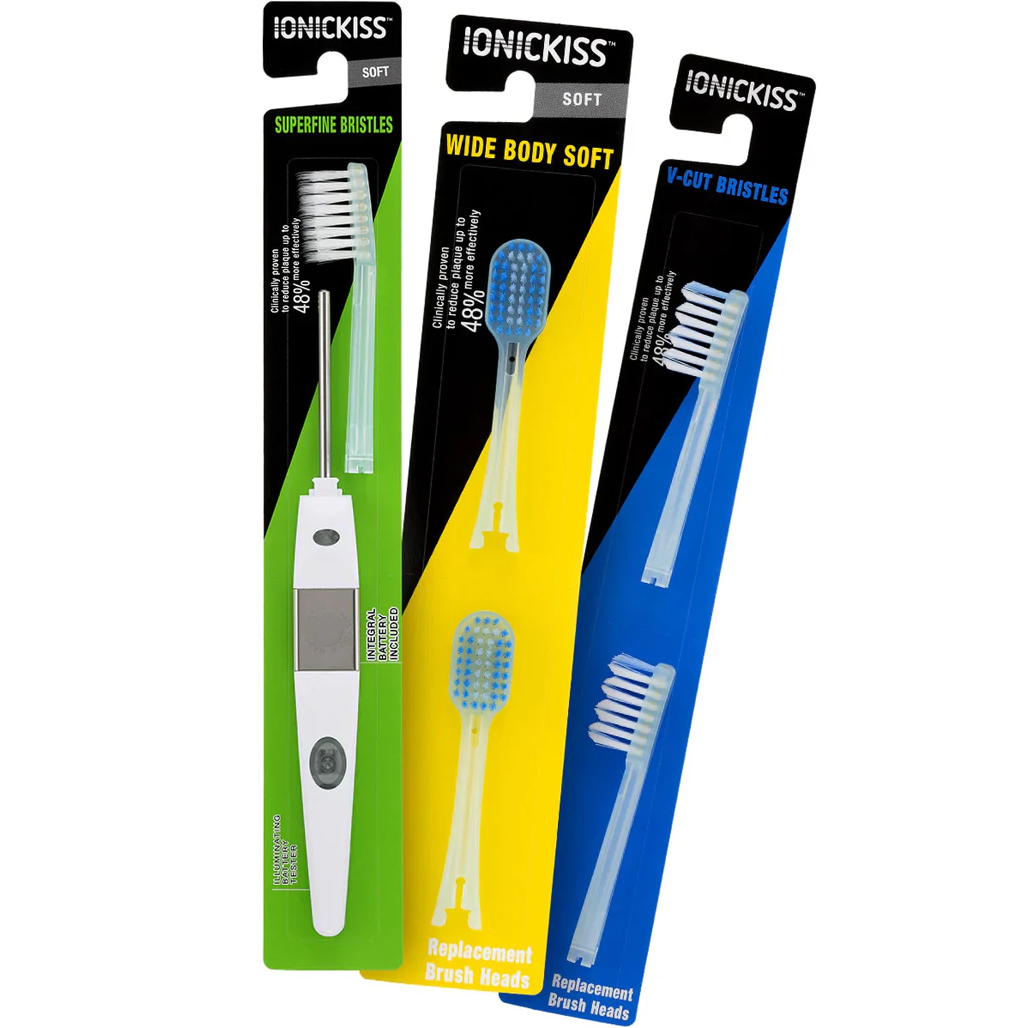 IONIC KISSIntroductory Set 5B Bundle Toothbrush Body, 2pcs Wide Body Brush Heads (Soft), 2pcs V-Cut Bristles Brush Heads (Medium)