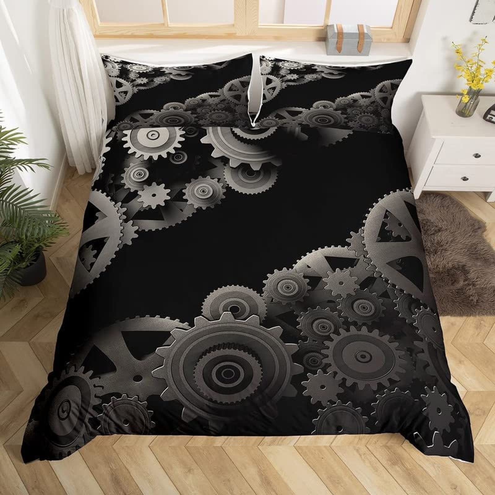 Housse de couette 220x240 rétro noire avec 2 taies d'oreiller en microfibre pour lit 2 personnes