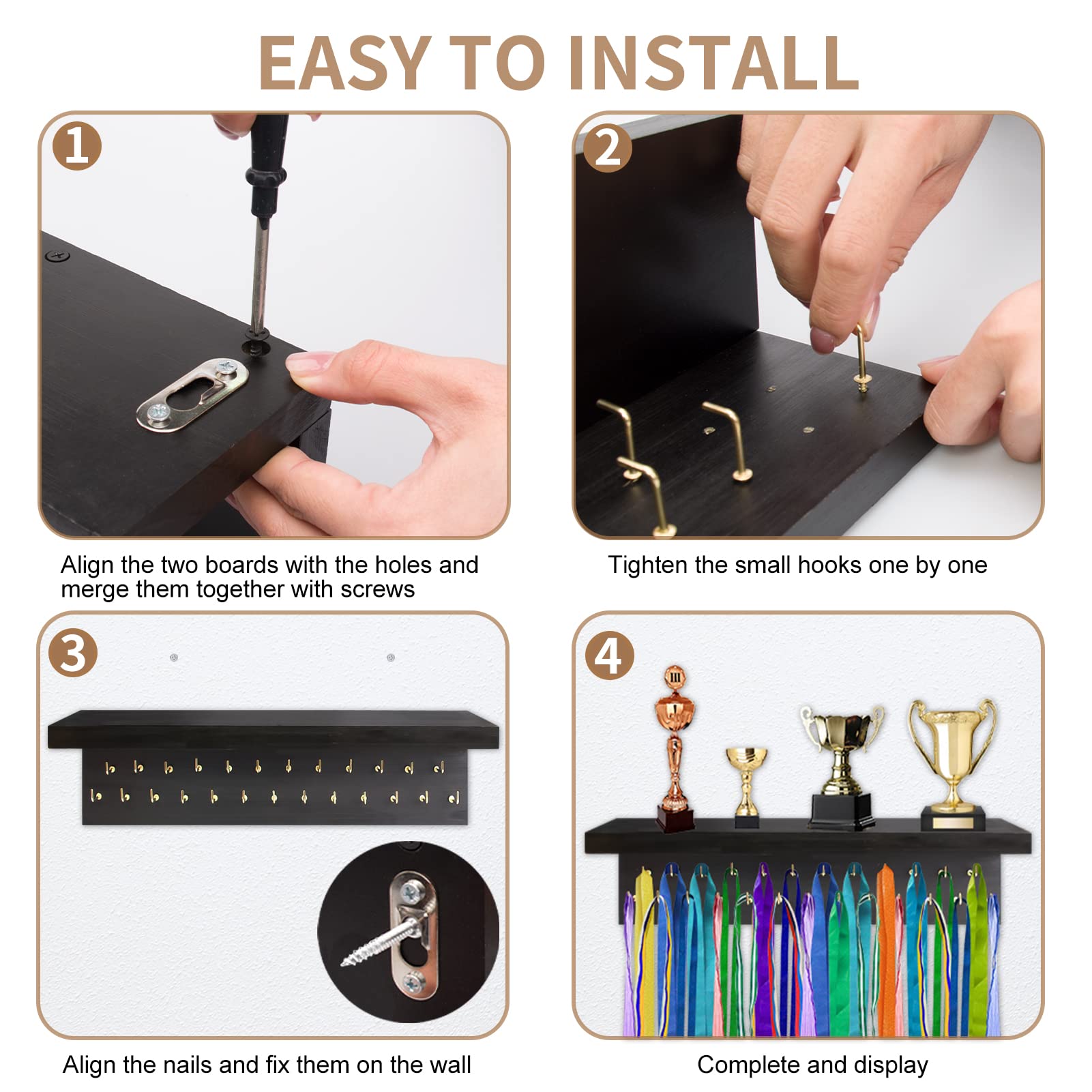 Supporto Medaglie In Legno Con 25 Ganci - Per Parete, Per Trofei E Premi, Nero