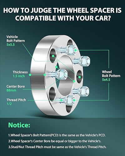Miniatura 3 de SCITOO Adaptadores de rueda de 1.5 pulgadas, 5x5.5 a 5x4.5, pernos de 12 pulgadas, compatibles con 1980-1983 para adaptadores de rueda F100 para