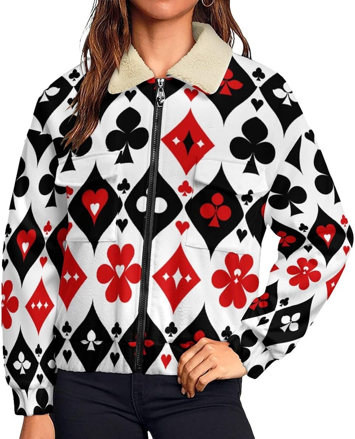 Poker Cards Jackets Womans Zip Up Sweatshirt Long Sleeve Warm Scrub Jackets Causal Pockets Sweatshirt Sports
