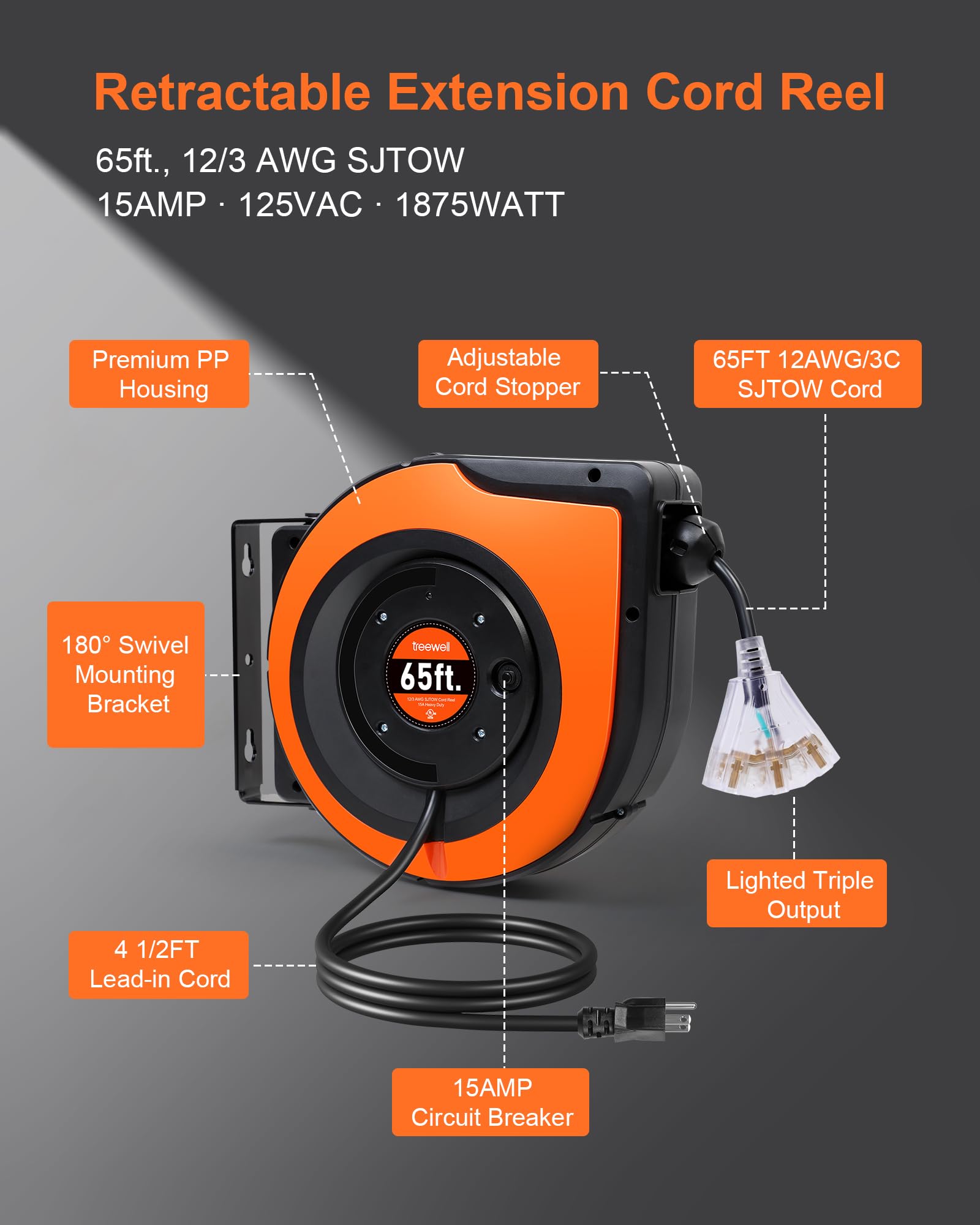 Rectractable Rope Snapklik.com : TREEWELL 65FT Retractable Extension Cord Reel, 12AWG/3C ...