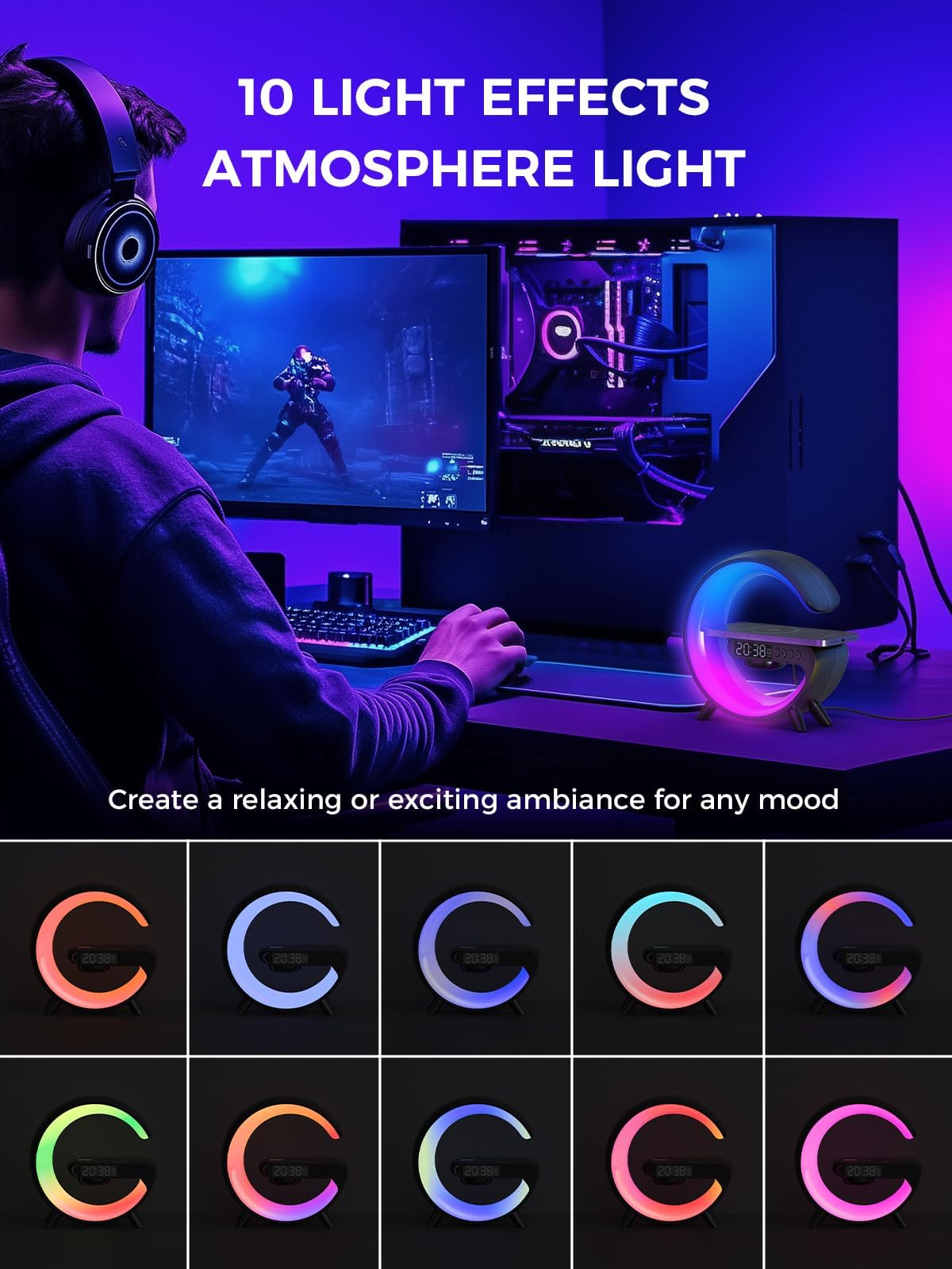 Smiling Shark Lichtwecker, Intelligente Wecker Licht Atmosphärenlicht 10 Modus mit Kabelloses Ladegerät und Bluetooth Lautsprecher Taste Steuerung Sonnenaufgang Licht Wecker für Wohnzimmer