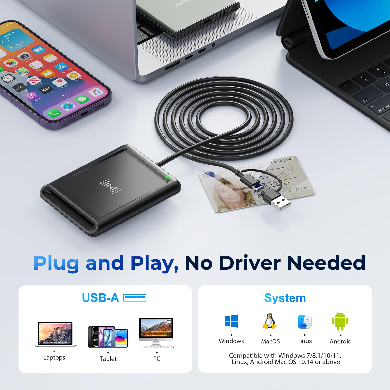 Quanlex USB-A+USB-C czytnik CIE 3.0 elektroniczna karta identyfikacyjna i karta medyczna, czytnik kart Smart NFC do DNI, kart bankowych, kompatybilny z systemem Windows, Linux, Android, kabel 95 cm