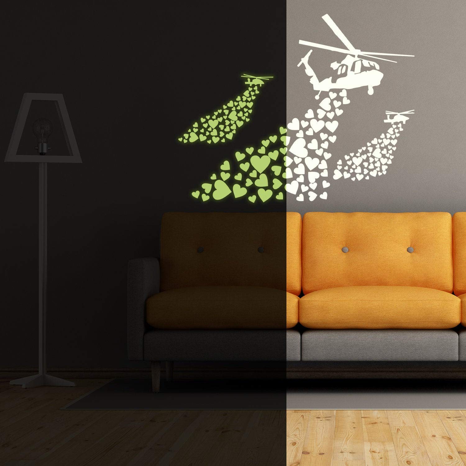 Glow In The Dark Wand Vinyl Sticker Art - Leuchtstoff Neon Nachtleuchtend Licht Aufkleber Kinderzimmer Stick - Banksy Helikopter Hearts Graffiti