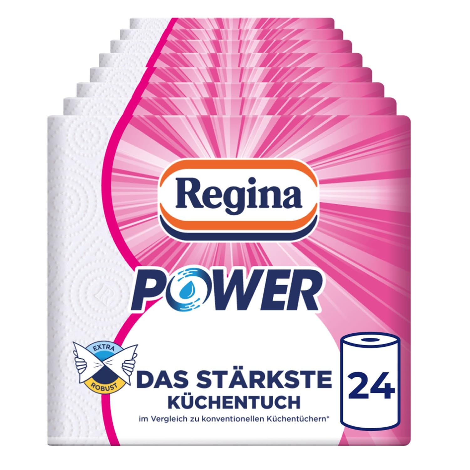 Regina Power, 24 Küchenrollen Küchentücher, 2-lagig | 43 Blatt pro Rolle, Ultrastarke Papiertücher für den ganzen Haushalt, Verpackung aus recycelbarem Papier, FSC Papier