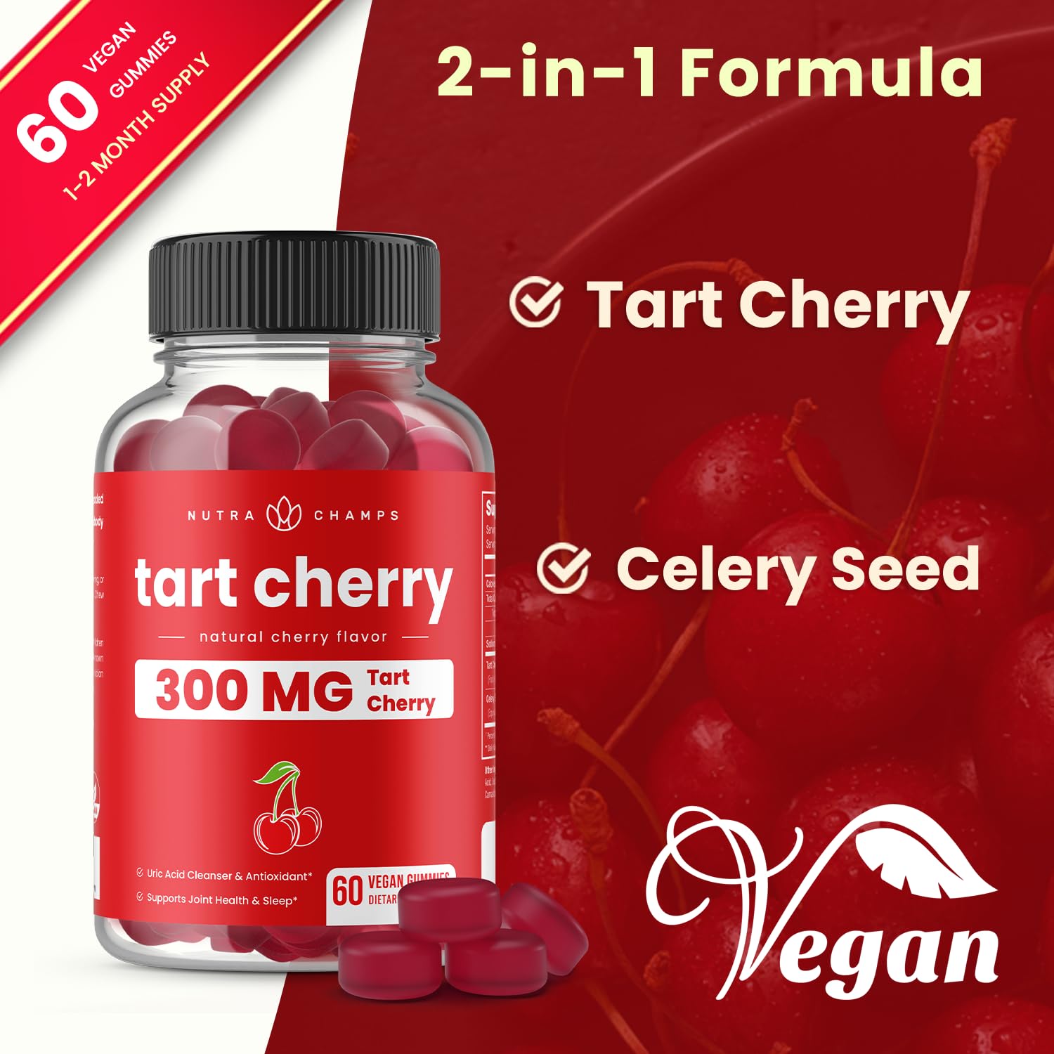 NutraChamps Tart Cherry Gummies with Celery Seed – Potent 10:1 Tart Cherry Extract – Vegan Gummies – 120 Count – Third Party Lab Tested, Vegan, Non-GMO — Amazon image 9