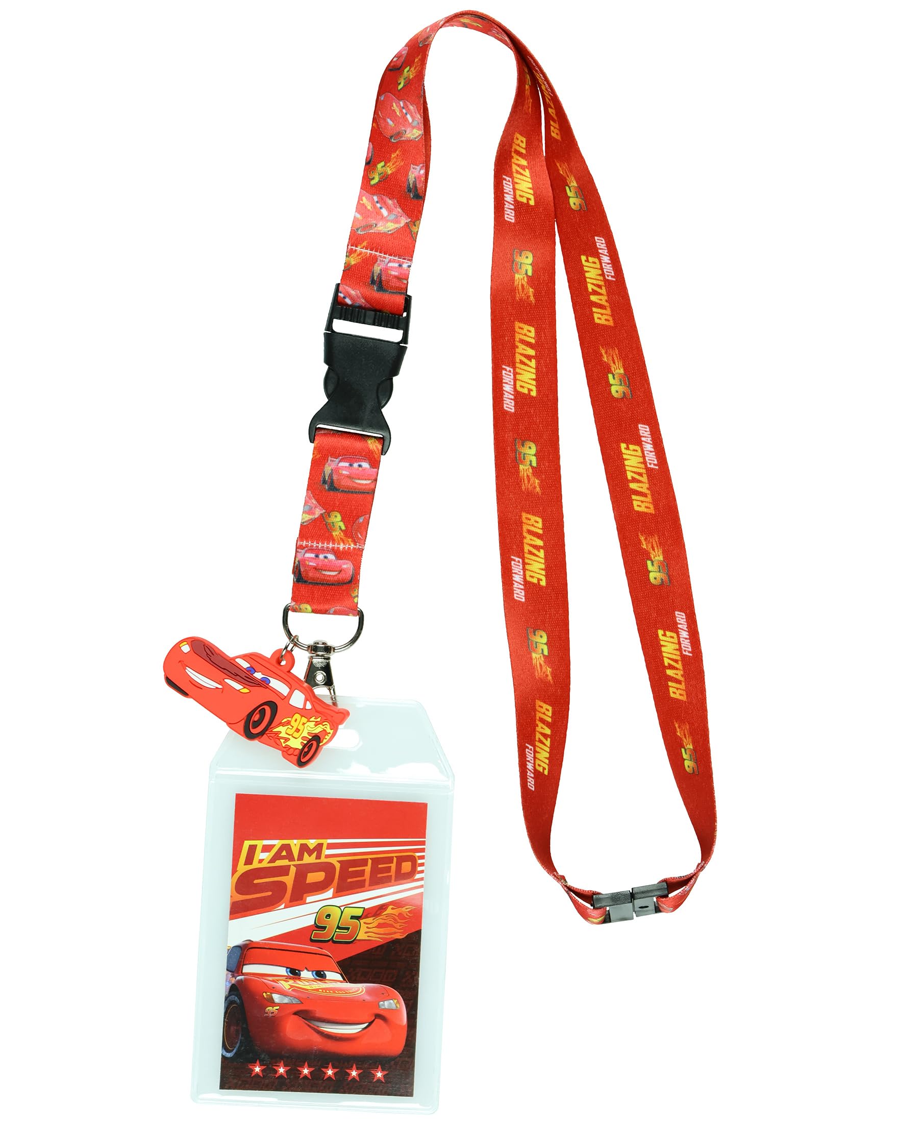 Disney Cars Lightning McQueen Schlüsselband mit transparentem Ausweishalter und 5,1 cm Rennwagen-Anhänger aus Gummi
