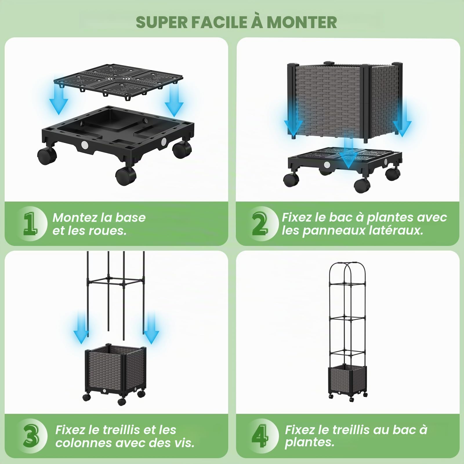 180x40x40CM Jardinière surélevée avec treillis et roues pour plantes grimpantes, bac de plantation avec protection visuelle pour tomates, concombres, rosiers grimpants, etc. (Simple)