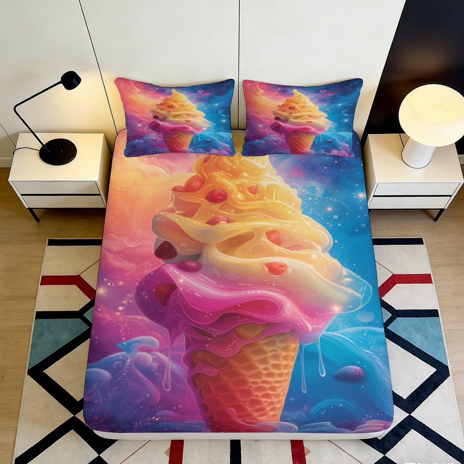 3D Printed Ice Cream Dream Fitted Sheet Microfiber Deep Pocket Bedroom Bedding Ice Cream Color Mattress Fitted Cover Non-Slip for Adults Teens 200x200x25cm 90x200x25cm