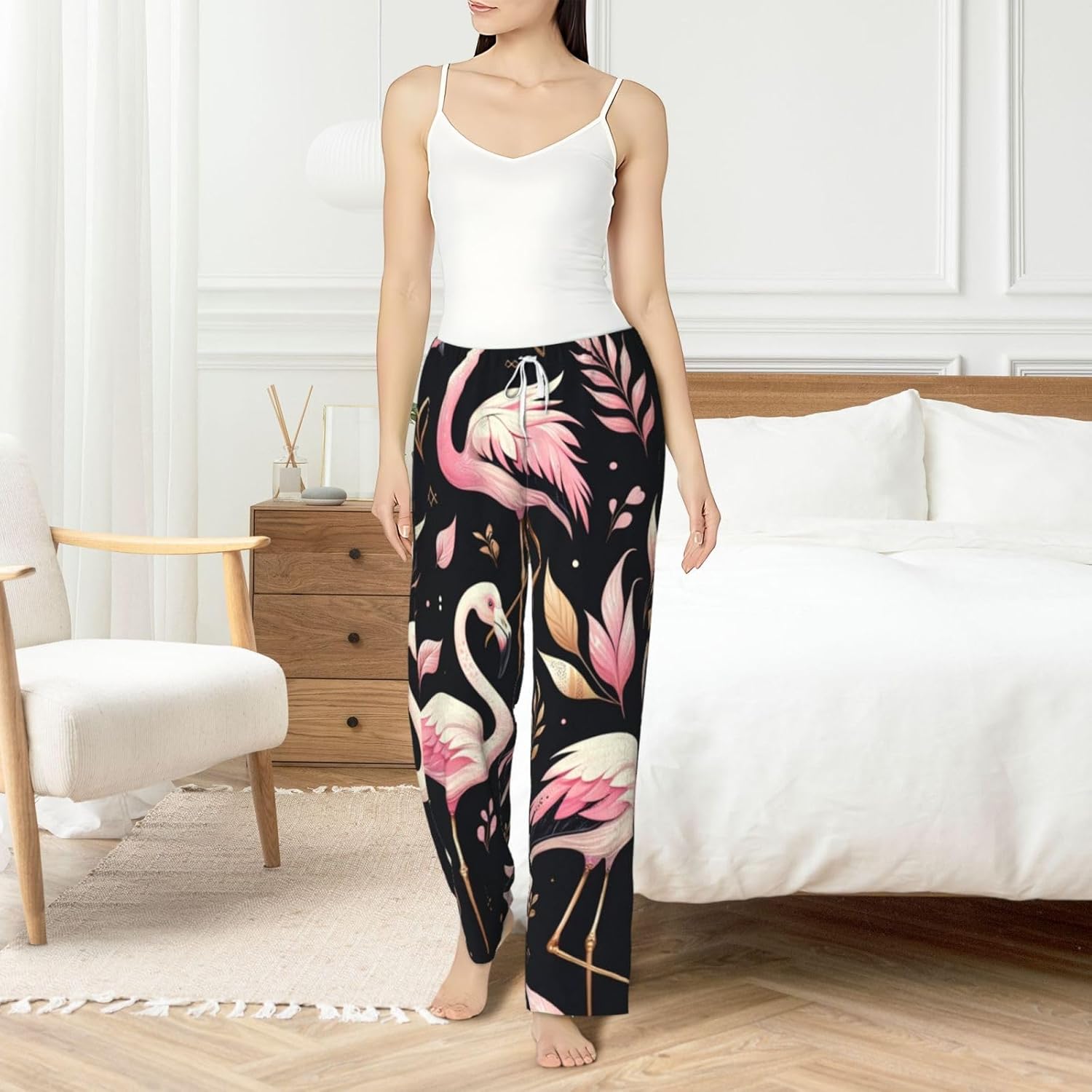 Women'S Gold-Leaves-Flamingo Fleece Pajama Pants, Cozy Flannel Lounge Bottoms For Women