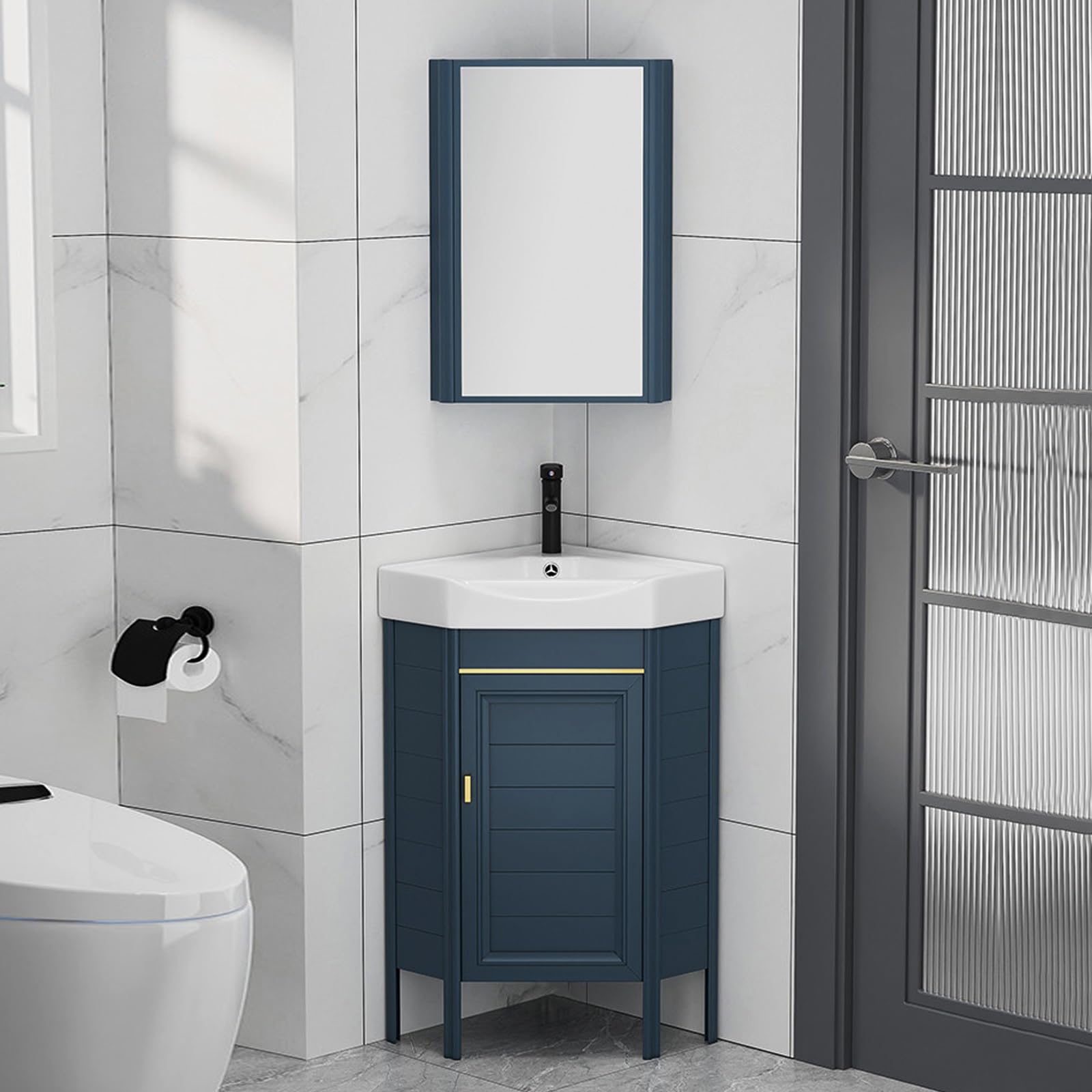 DFGHNBVC Space-Saving Corner Bathroom Vanity With Sink Medicine Cabinet, Floor Standing Design For Compact Areas,Blue-38Cm/15In
