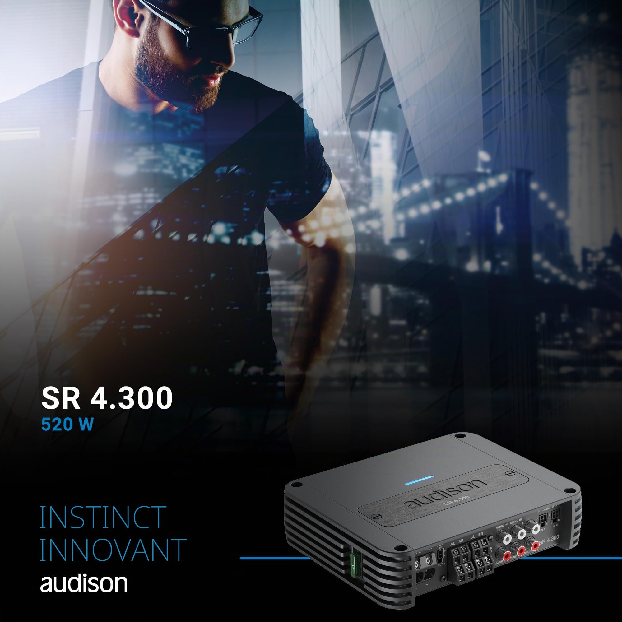 Audison SR 4.300 Amplificateur 4 Canaux Classe D, 4x85W RMS à 4 Ohm, Technologie USS, Entrée Haut Niveau, Design Compact Aluminium, 520W Total, Crossover