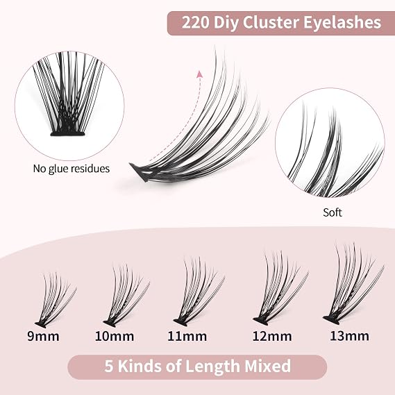 MAGEFY 220 pcs 20D Cluster Lashes 0.07C Lash Clusters 9-13mm Individual Lashes Volume Long DIY Eyelash Extension Reusable Eyelashes Mixed Length