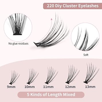 MAGEFY 220 pcs 20D Cluster Lashes 0.07C Lash Clusters 9-13mm Individual Lashes Volume Long DIY Eyelash Extension Reusable Eyelashes Mixed Length