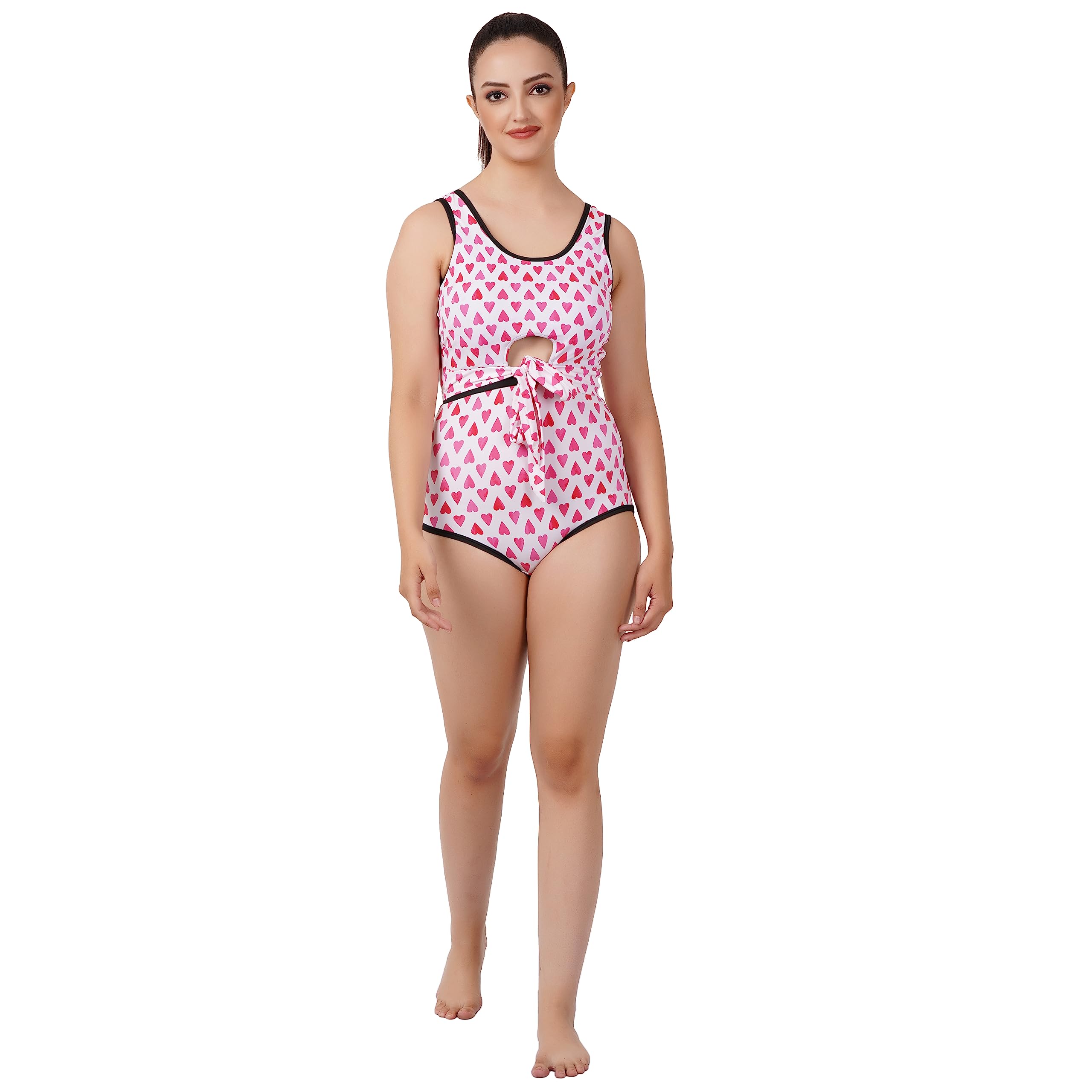 Two Piece Pink Heart Print Swimsuit for Women & Girls – Padded Crop Top with Tie-Up and Bottom (Nylon Lycra)-image-6