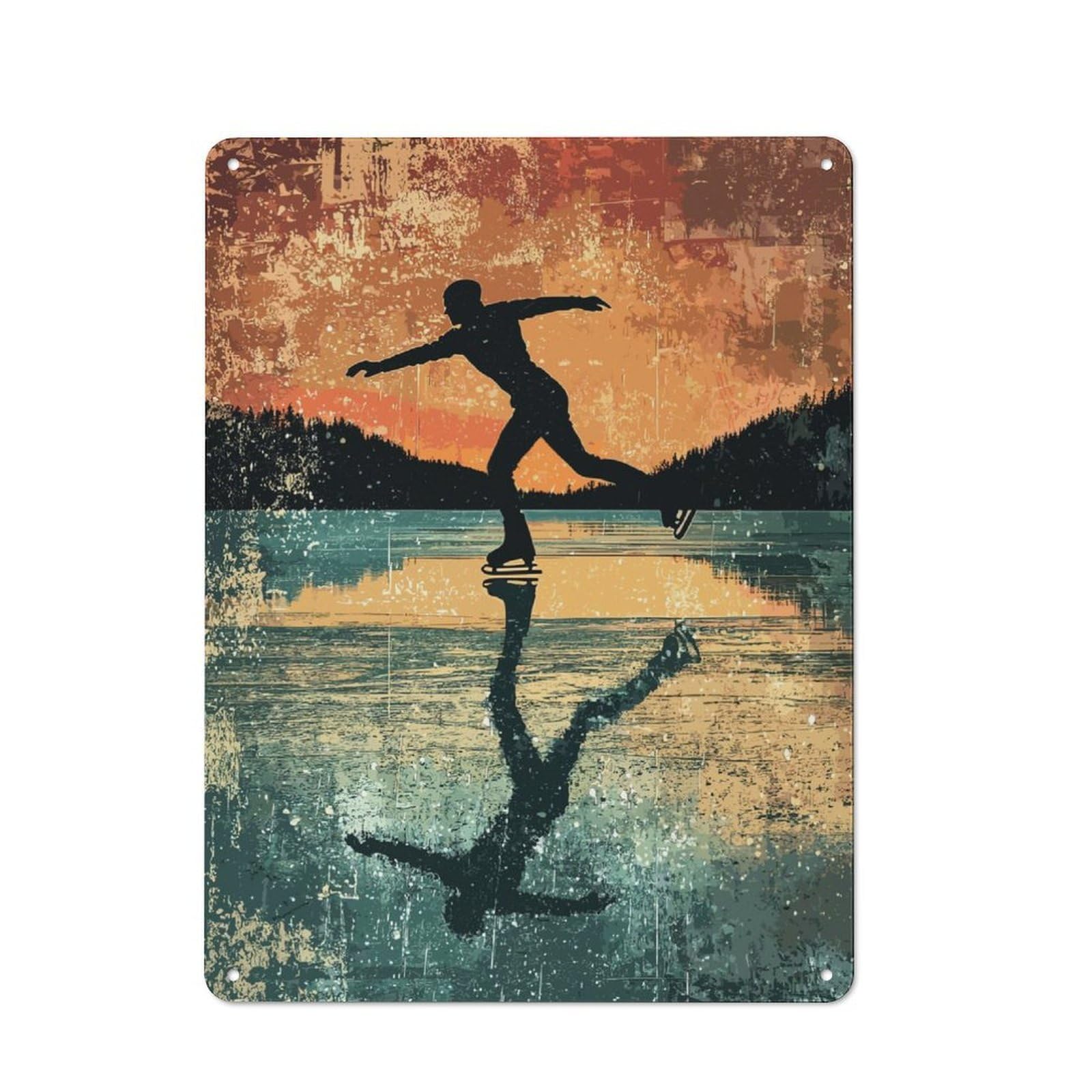 Junmoney Ice Skating Silhouette Retro Metal Plaque 40X30cm Featuring For Garage Wall, A Winter Wall Decor Update For Workshop Decor Fans