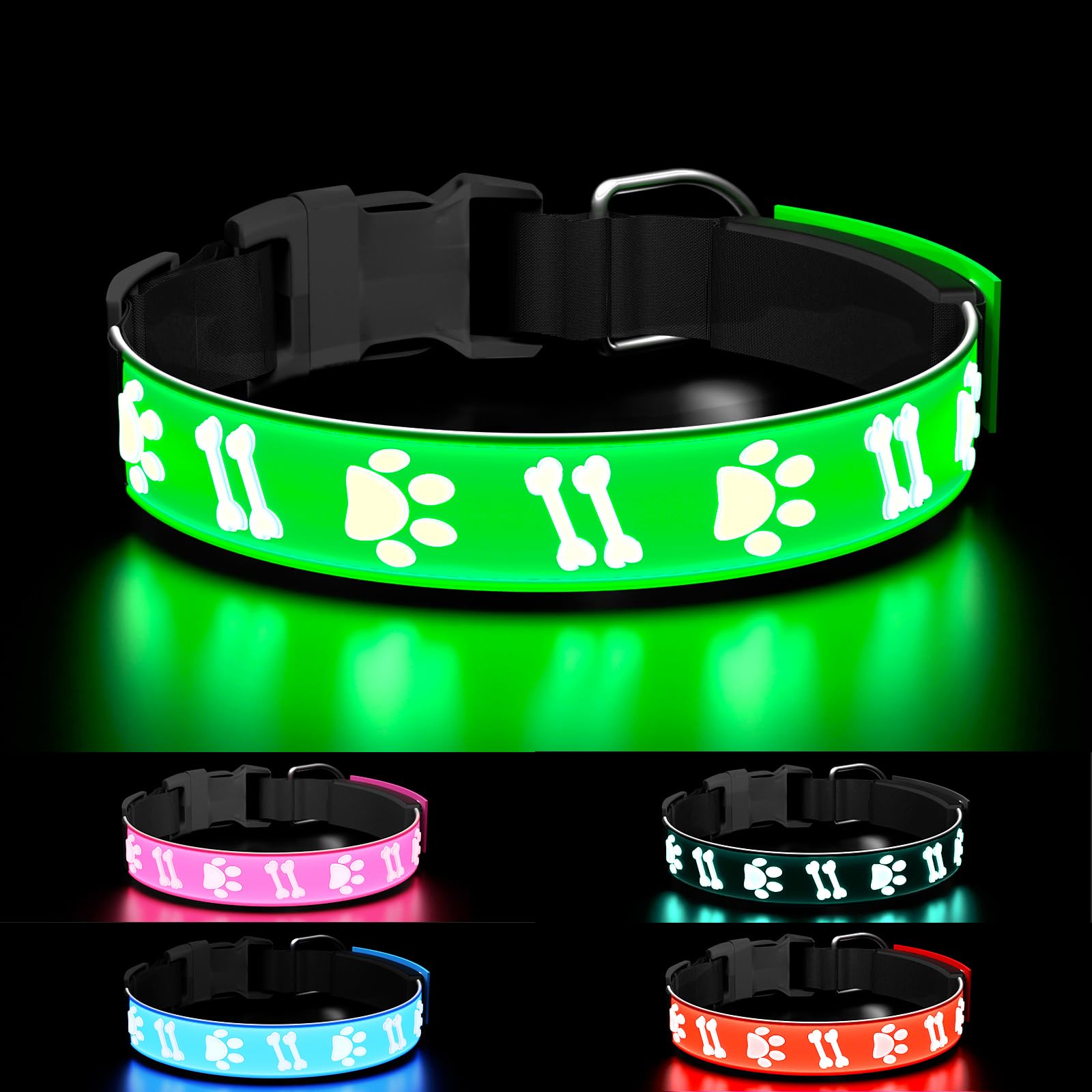 TOPOTO Light Up Dog Collar 15 Lighting Modes LED Dog Collars Rechargeable Flashing Collar for Medium/Large Dog Night Luminated Collar for Night Walk Green
