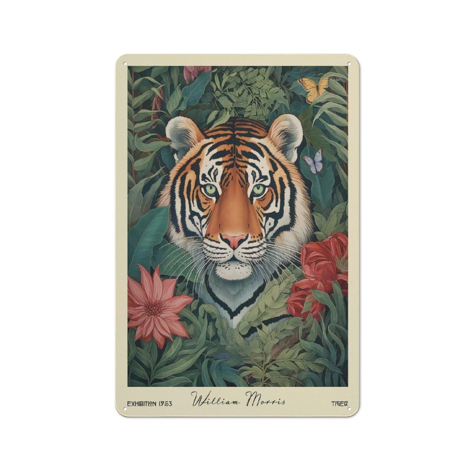 Tin Sign with Tiger William Morris Floral Design 30x20cm, Creative Creative Space Decor for Home Office, Reading Corner Or Bedroom