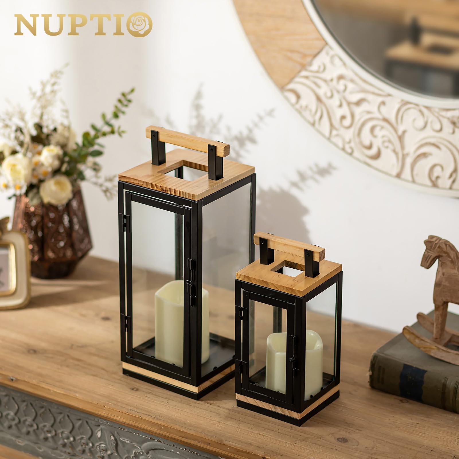 NUPTIO Laterne mit Timer für Kerzen Holz: 34 23.5cm LED Kerzen Laternen Set Schwarz Metall Outdoor Holzlaterne Kerzenlaterne Draußen Weihnachten Grablaterne Friedhof Wetterfest Gartenlaterne Windlicht