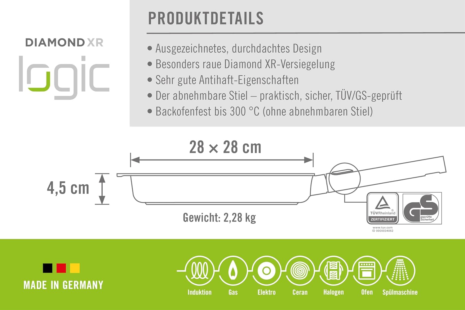Woll Diamond Logic XR Pro Square Grill Pan with Grooves - Inductive - 28cm x 28cm, 4.5cm High with Removable Stainless Steel Handle - Suitable for All Types of Cookers, Aluminium, Oven-Safe, Black