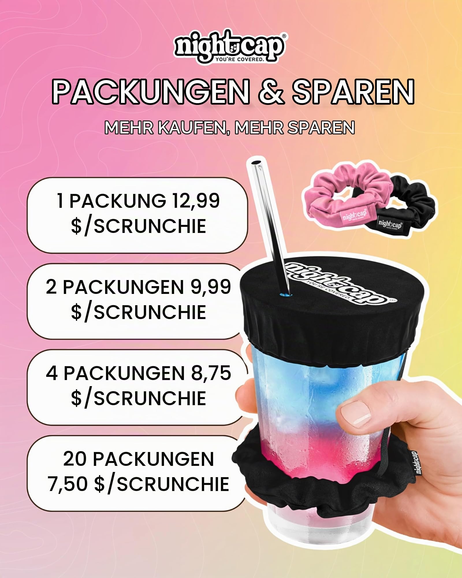 NightCap Haarband für Getränkeabdeckung - Das wiederverwendbare Haargummi zur Verhinderung von unbemerktem Beimischen von Drogen in Getränken, wie im Shark Tank gesehen, schwarz, 4 Pack