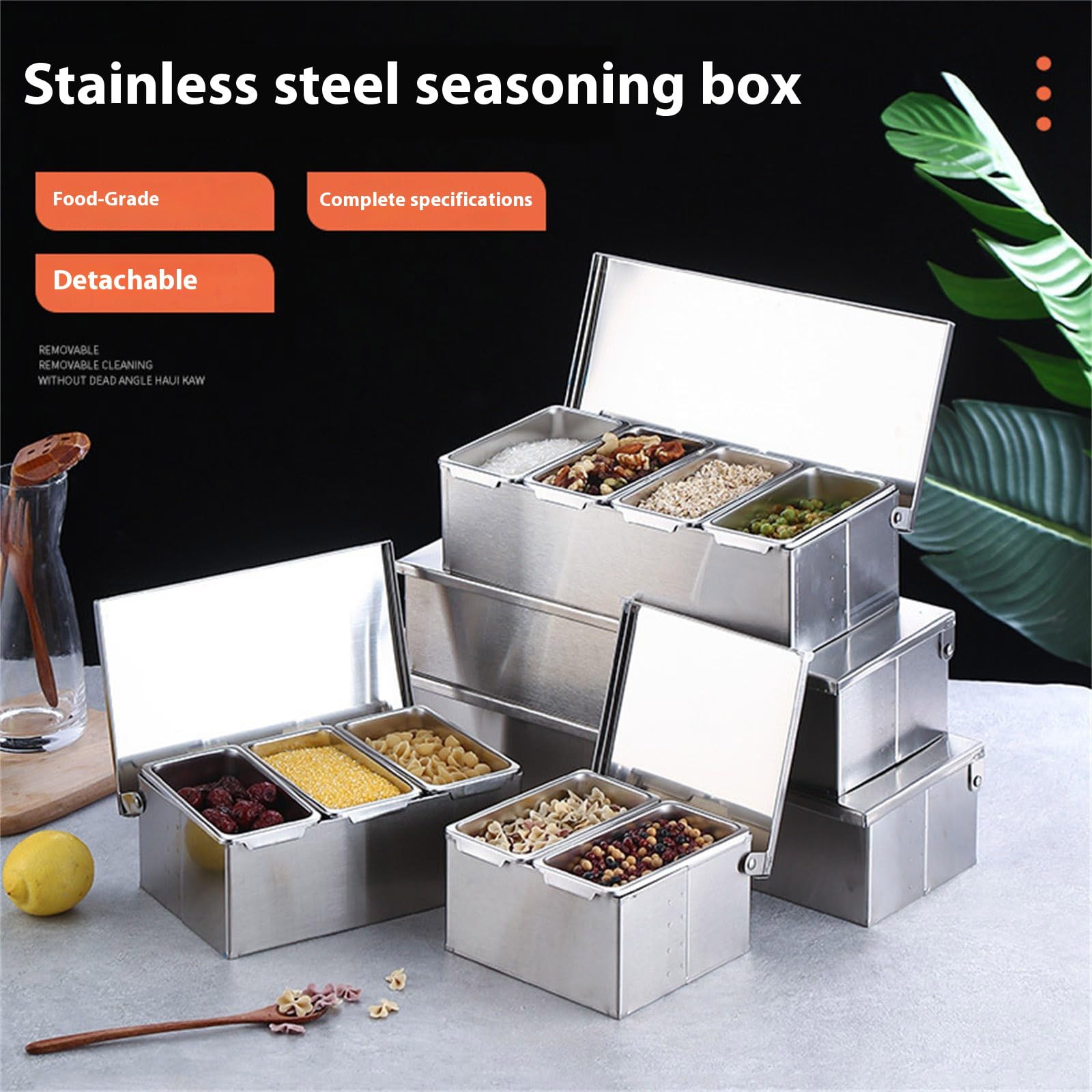 Práctica caja de almacenamiento de condimentos de acero inoxidable, multisección, esencial para cocinar organizada y preparaciones de comidas, dispensador de condimentos de grado alimenticio