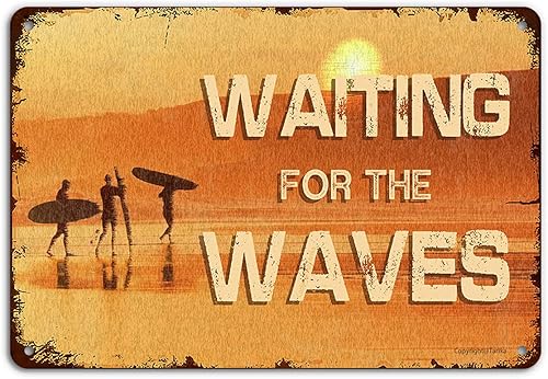Letreros vintage de hojalata con texto en inglés "Waiting for the Waves" para decoración de pared, letrero de metal retro para surf, exterior,
