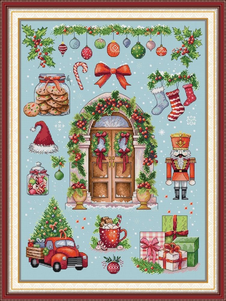 CaptainCrafts Cross Stitch Kits, Stamped Fabric Cross Stitching DIY Art DMC Needlecrafts Embroidery Kit for Adults Beginner (Christmas Cottage, Stamped)