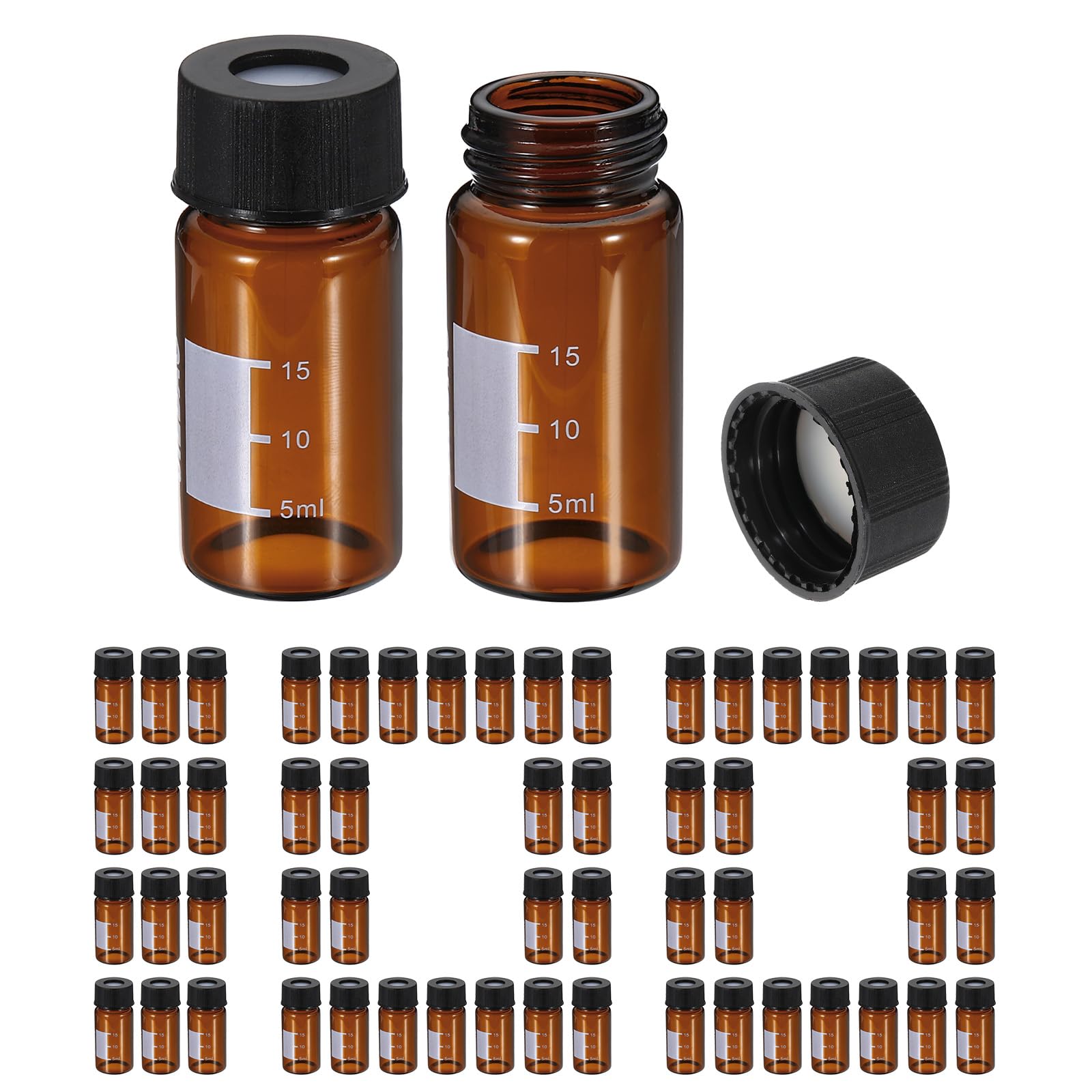 PATIKIL Vial de muestreo automático de 20 ml, paquete de 100 viales HPLC/GC 9-425 viales ámbar de laboratorio, viales de muestra, tapón de rosca, parche de escritura de PTFE blanco y septa de silicona