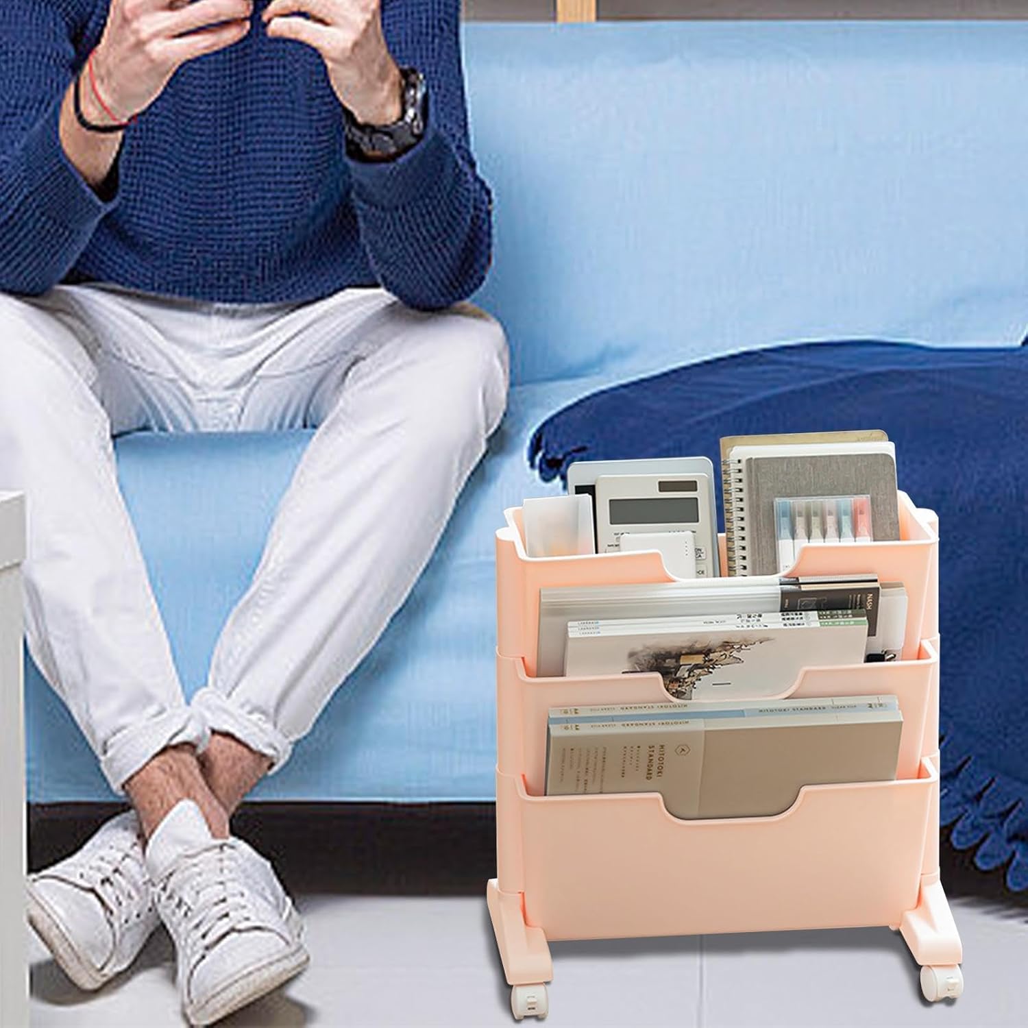 Mobile Bookshelf,3-Tier Rolling Mobile Book Shelf Cart – Versatile Under Desk Storage for Office, Books, Documents & Supplies – Space-Saving Solution on Wheels