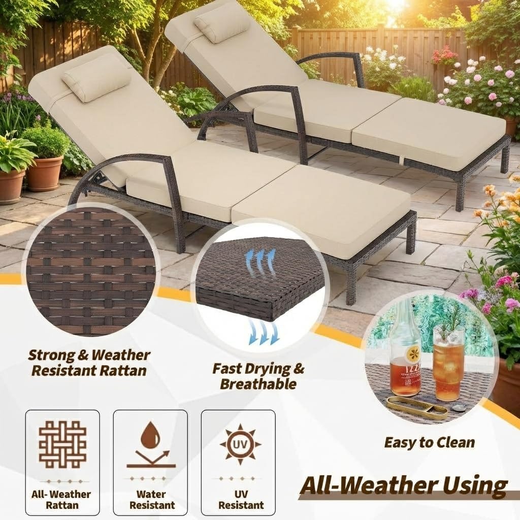 Garvee Outdoor Chaise Lounge Set of 2, 5-Position Adjustable PE Wicker Reclining Chairs with Wheels & 3.5" Cushions, 400 lbs Capacity All-Weather Patio Furniture for Poolside, Garden, Beach(Beige)