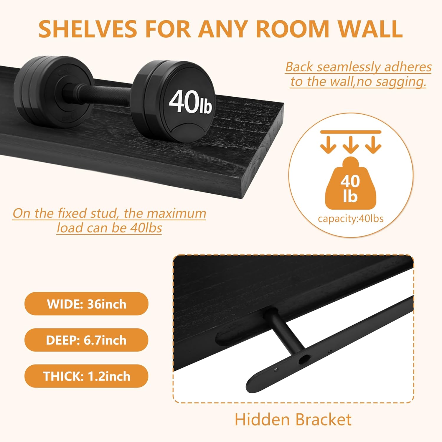ROGMARS Black Floating Shelves for Wall with Led Light 36 Inches Long,Rustic Solid Wood Farmhouse Wall Shelves with Invisible Brackets for Bedroom, Living Room, Kitchen, Bathroom Set of 2