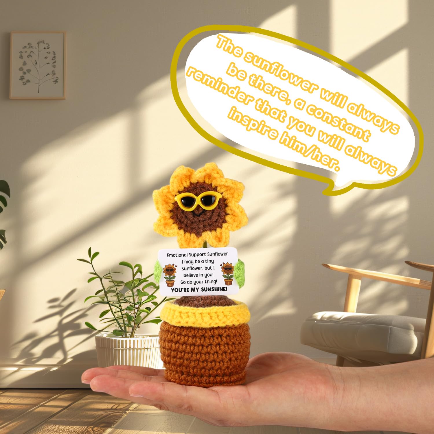 Positive Knitted Sunflower, Handmade Positive Doll Crochet Cute Crochet Sunflower Toy with Sunglasses & Card - Image 3
