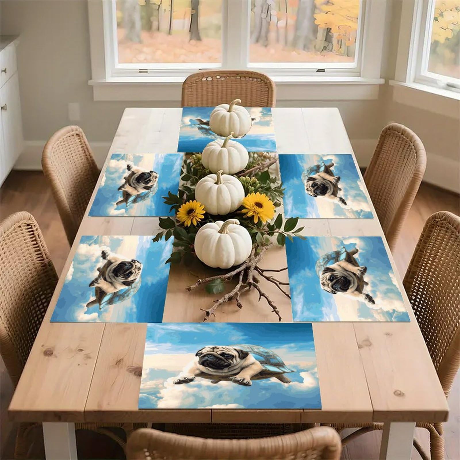 Funny Turtle Pug Dog in The Sky Placemats Heat-Resistant Washable Place Mats Anti Slip Dining Table Place Mats Wipeable Dining Table Mats Kitchen Decoration Placemats 17.7’’×11.8’’