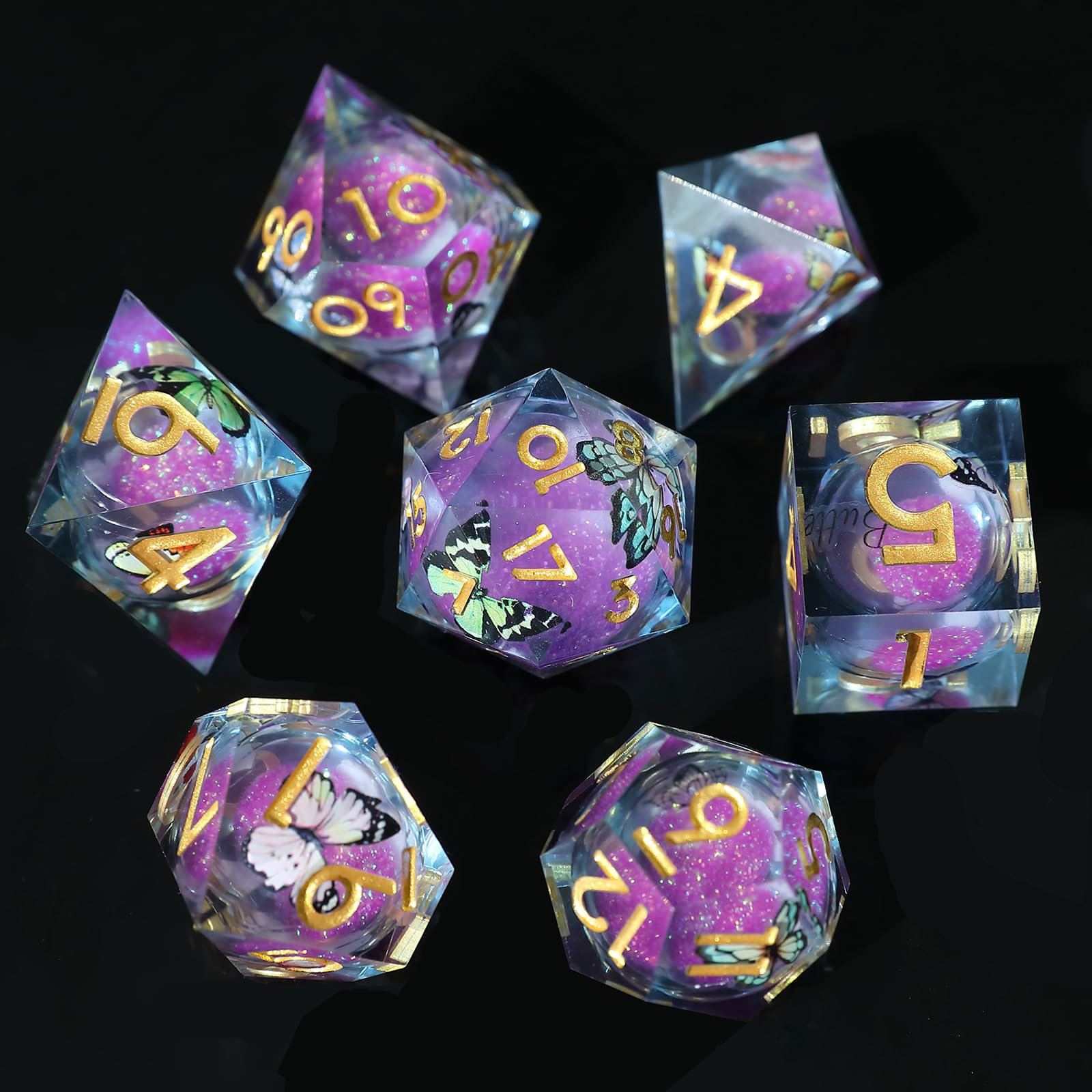 Liquid Core 7 piece Resin Polyhedral Dice Set - Dungeons & Dragons RPG Set, Butterfly Themed Dice With D20, D12, D10, D8, D6, D4