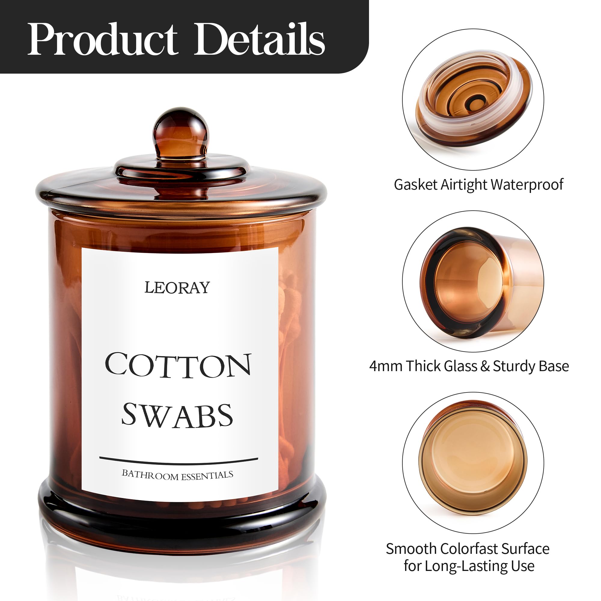 LEORAY Glas-Qtip-Halter, Spender, Badezimmer-Organizer mit Deckel, 473 ml, Kosmetik-Organizer für Wattestäbchen, Bälle, Pads, Zahnseide-Picker, Toilette, Schlafzimmer, Küche, Aufbewahrungsgläser
