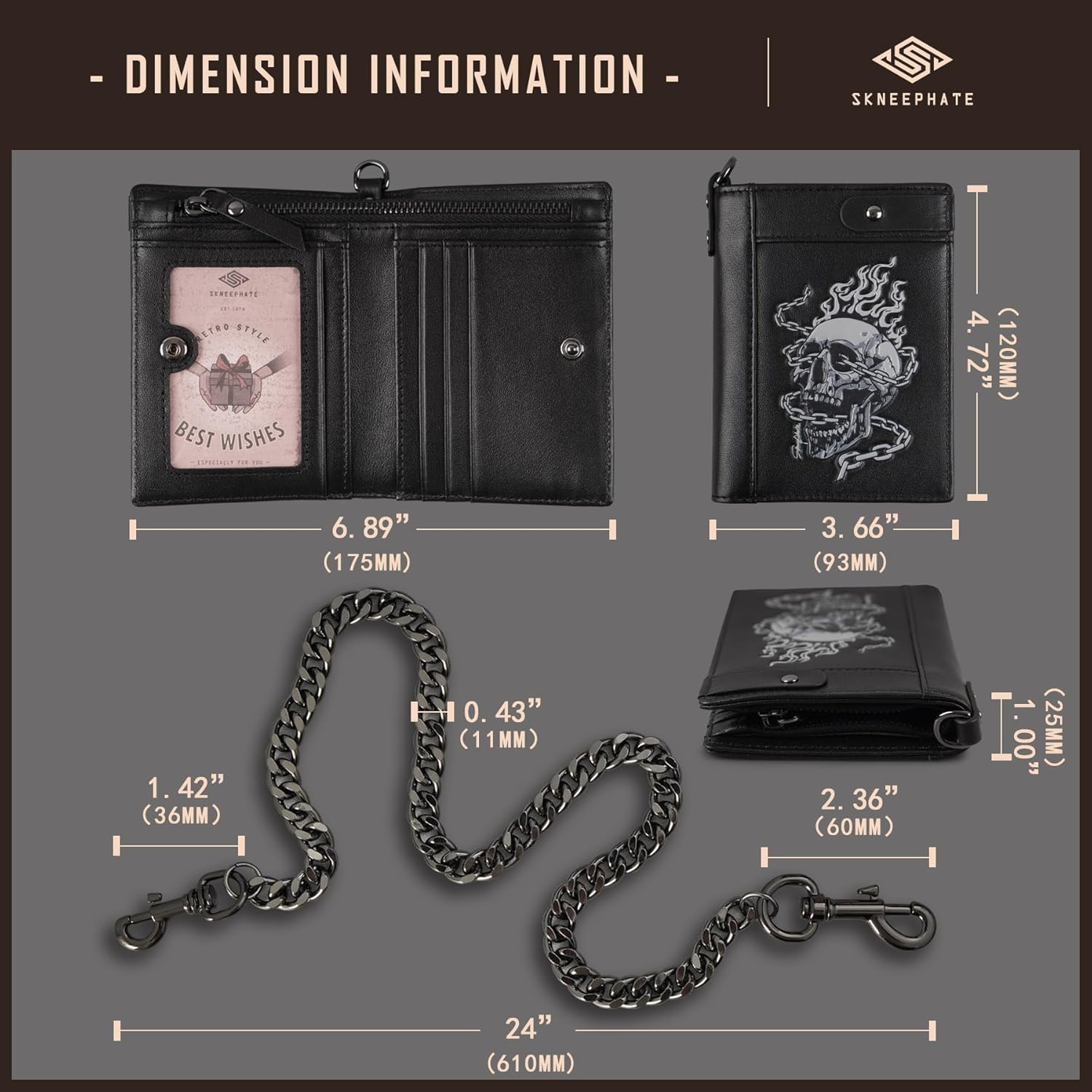 Mens Leather Wallet With Chain Skull Bifold Wallets Zipper Coin Pocket Rfid Blocking Gift For Him Husband (black) image 5 of 6 B0F8HM8ZRM