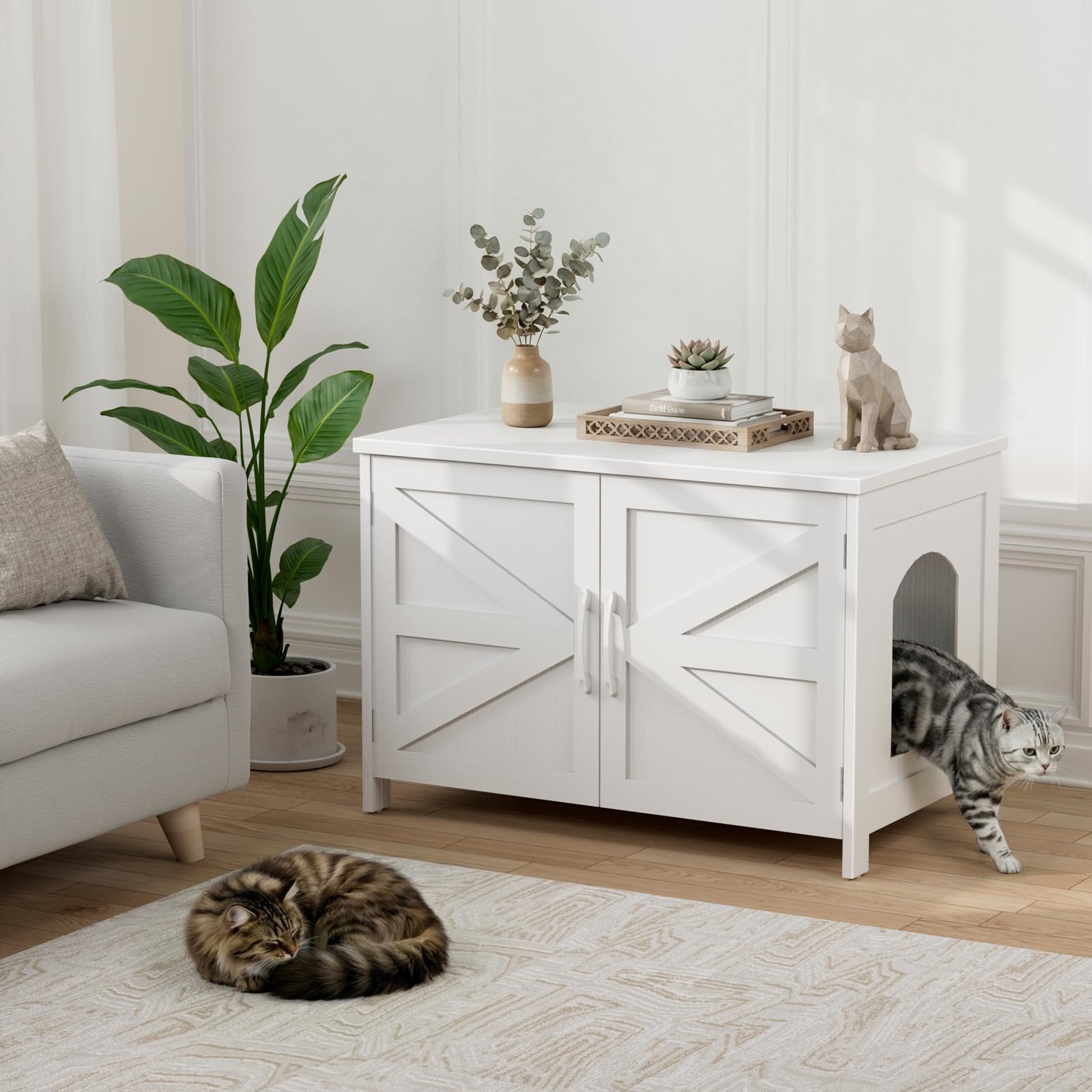 Cat Litter Box Enclosure Furniture - Wooden Hidden Cat Washroom Furniture with Barn Door, Wood Pet House Litterbox, White Extra Large XL Enclosed Litter Hiding Enclosures - image 4