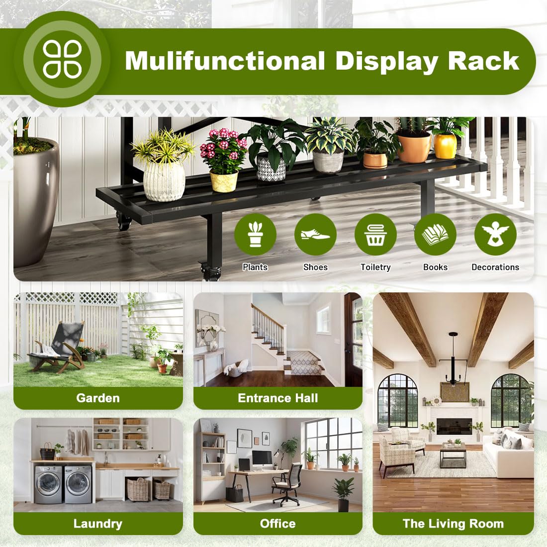 Blumenregal mit Rollen Metall 2 Etagen Pflanzenständer für Balkon Garten | Blumentreppe,wasserdicht,rostfrei,starke Tragfähigkeit,einfache Montage, 4 Rollen, 200 kg, für Wohnzimmer, Terrasse, Büro