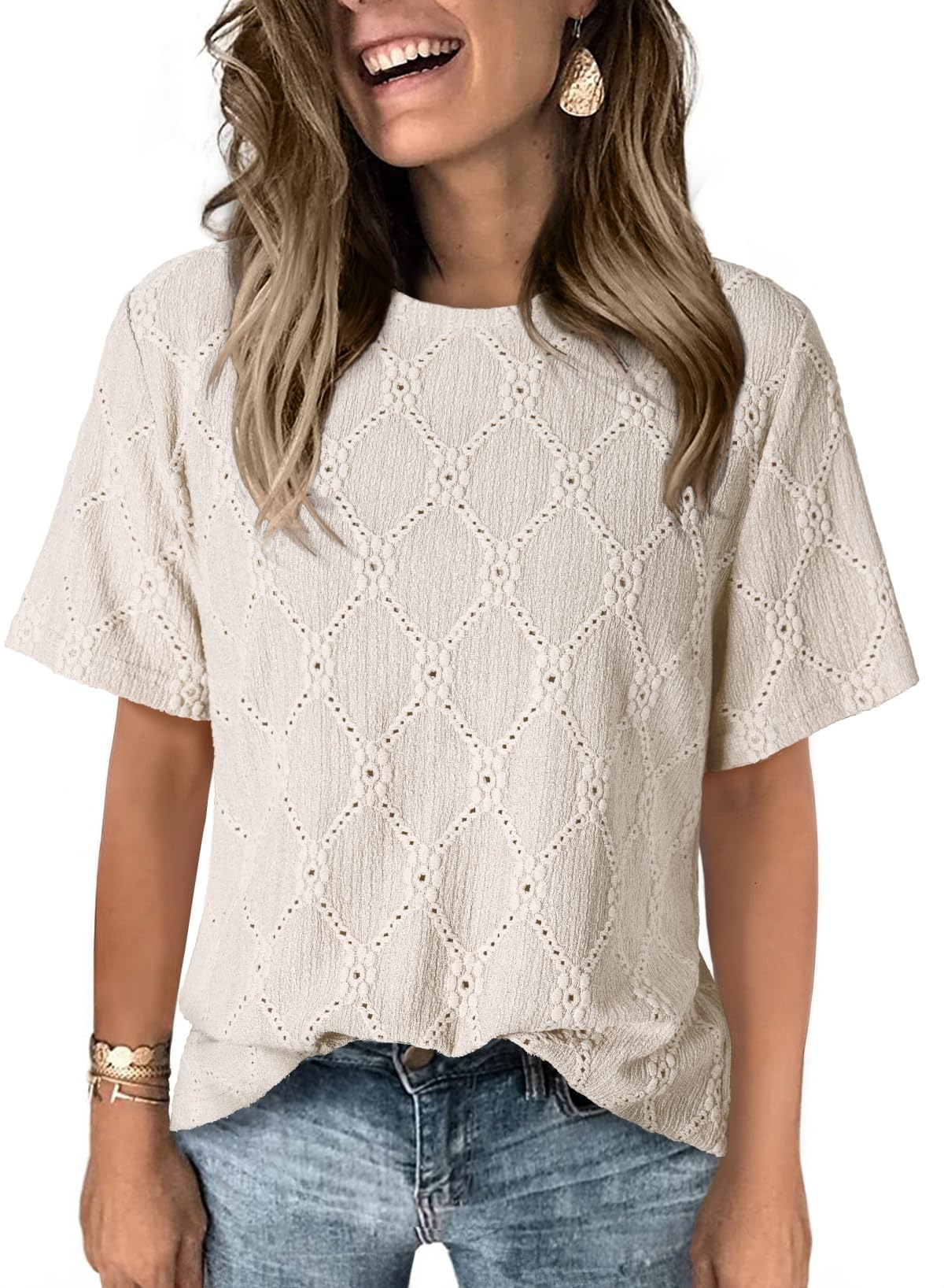 Dokotoo Women's Tops Casual Scoop Neck Short Sleeve Eyelet Embroidered Hollow Out Blouses Shirts