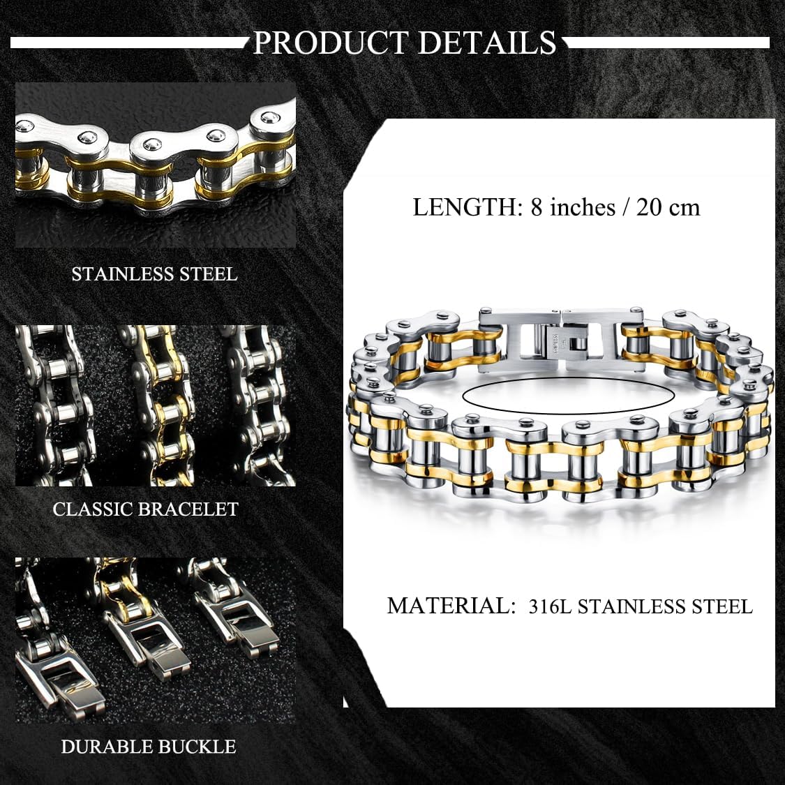 Men's Bracelet Stainless Steel Motorcycle Bike Chain Bracelet Polished 8 Inches Silver & Gold Plated - Image 5