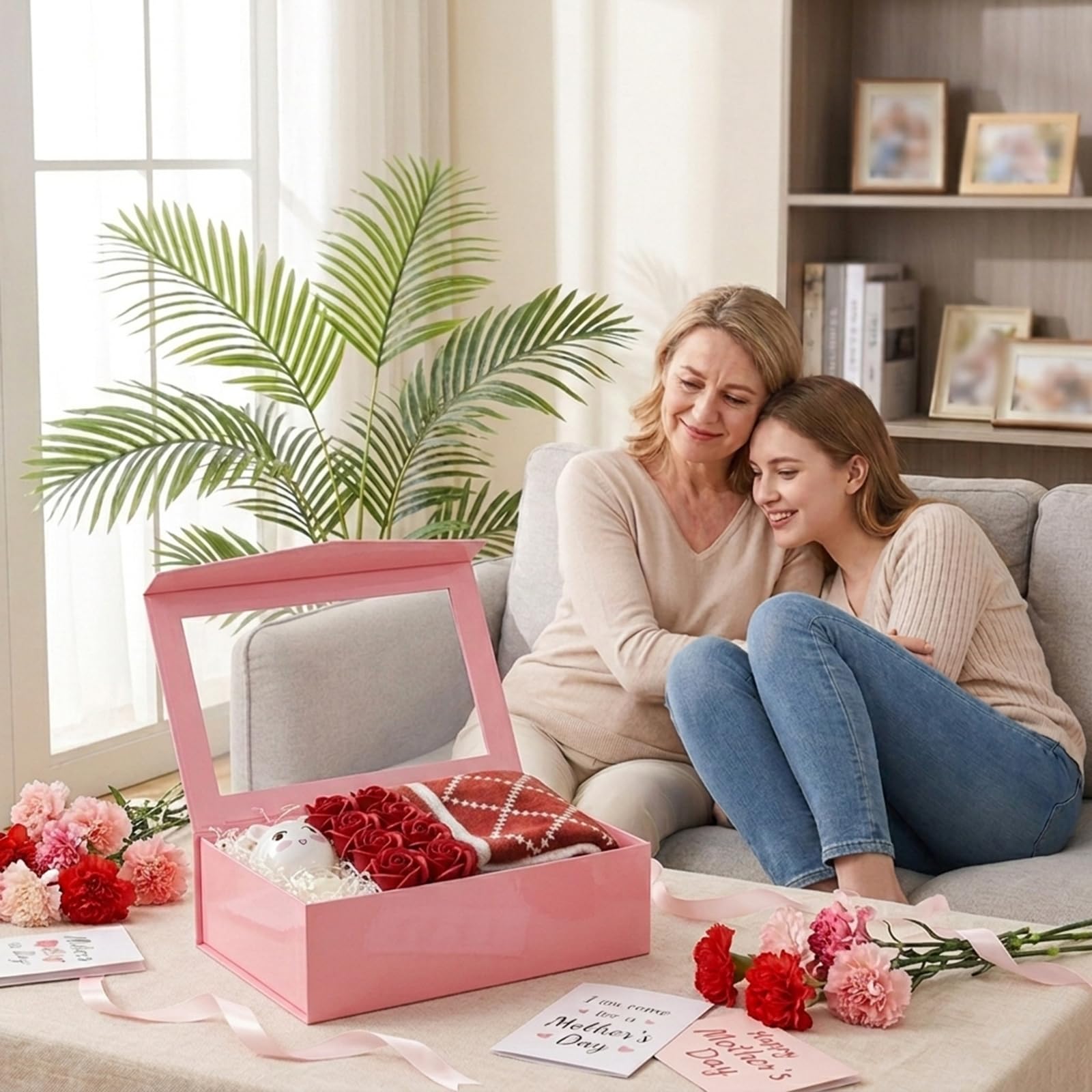 PACKQUEEN 5 große Geschenkboxen mit Fenster, 34.9x22.9x10.4 cm, rosa Geschenkboxen für Geschenke, Brautjungfer-Antragsboxen, extra große Geschenkboxen mit magnetischen Deckeln (glänzendes Rosa)