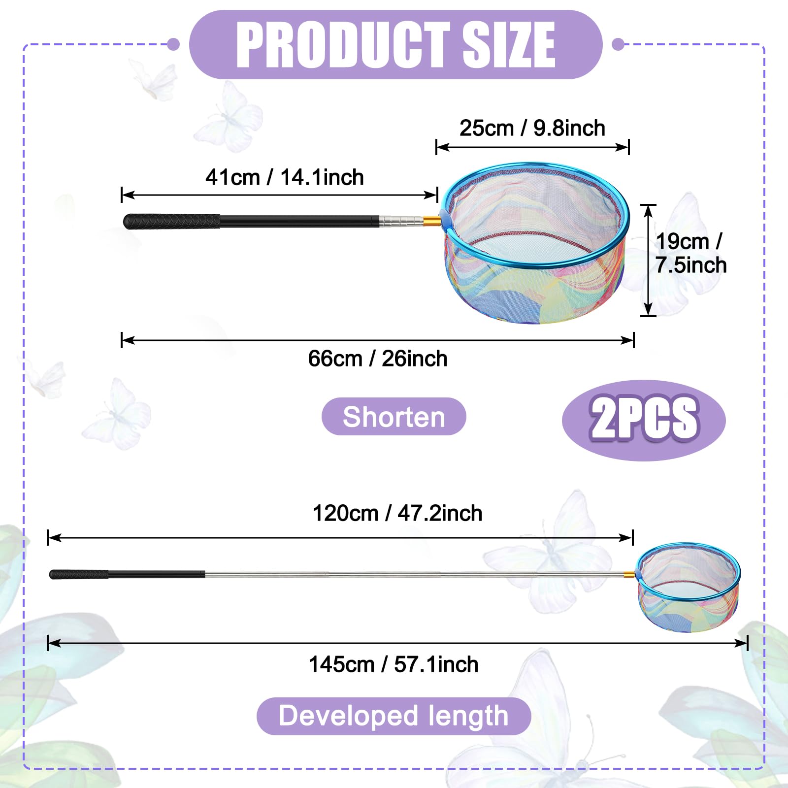 Draupnir 2 Pieza Red Pescar Telescópica, Cazamariposas, Extensible de 66 cm a 173 cm, Red de Captura Pequeña para Atrapar Insectos, Pájaros, Pesca, Estanque, Jardín, Playa