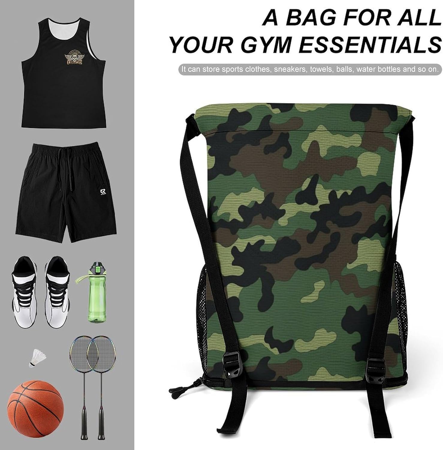 Sports Drawstring Backpack Green Military Camo Lightweight Backpack Dry And Wet Separation Large Capacity