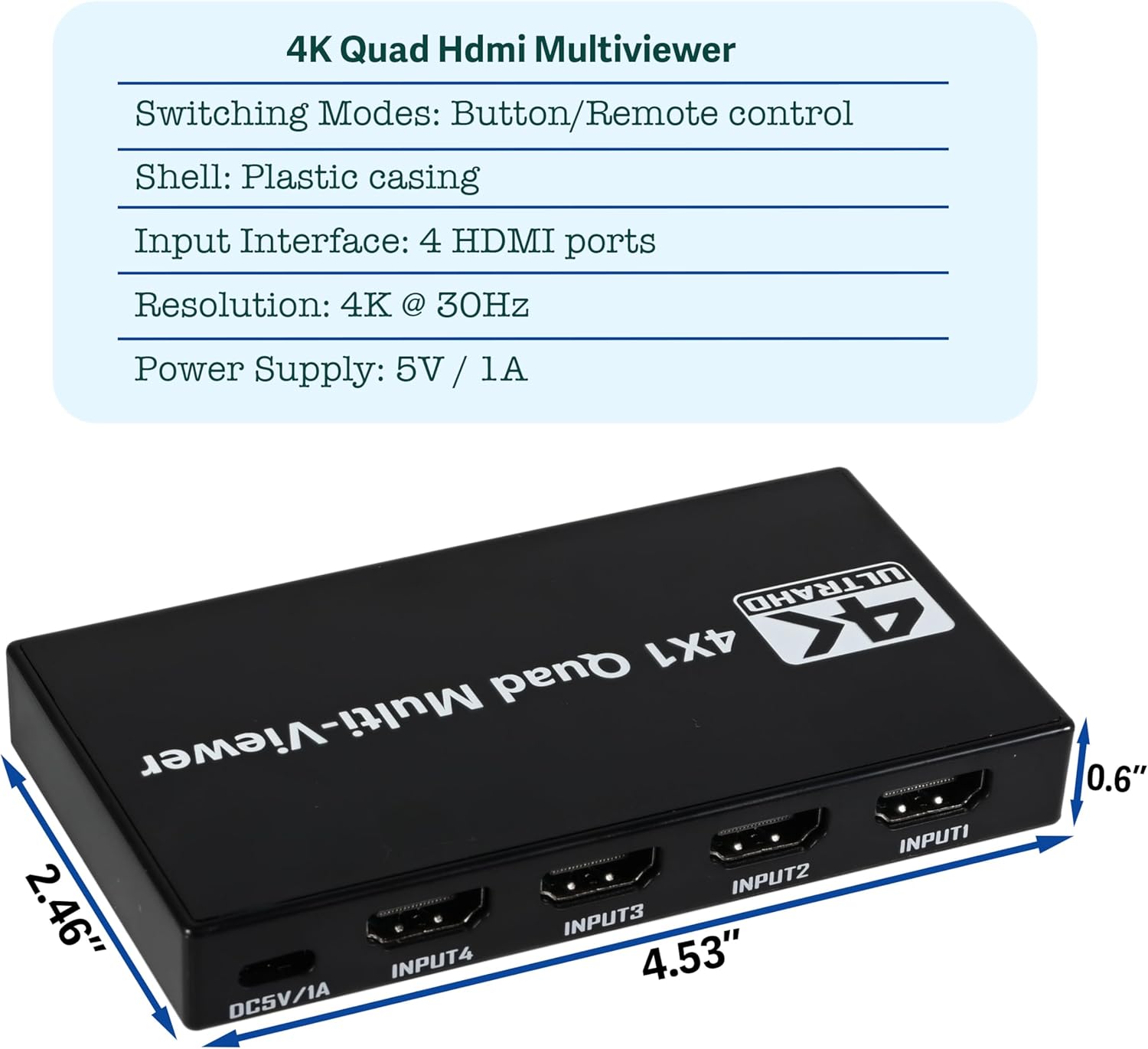 4K Quad Hdmi Multiviewer 4 in 1 Out Seamless Hdmi Switcher with Remote Control, Combine 4 tvs into 1, 9 Display Modes Switching Between 4k@30hz and 1080P@60Hz for Security Camera/Computer/TV Box, etc